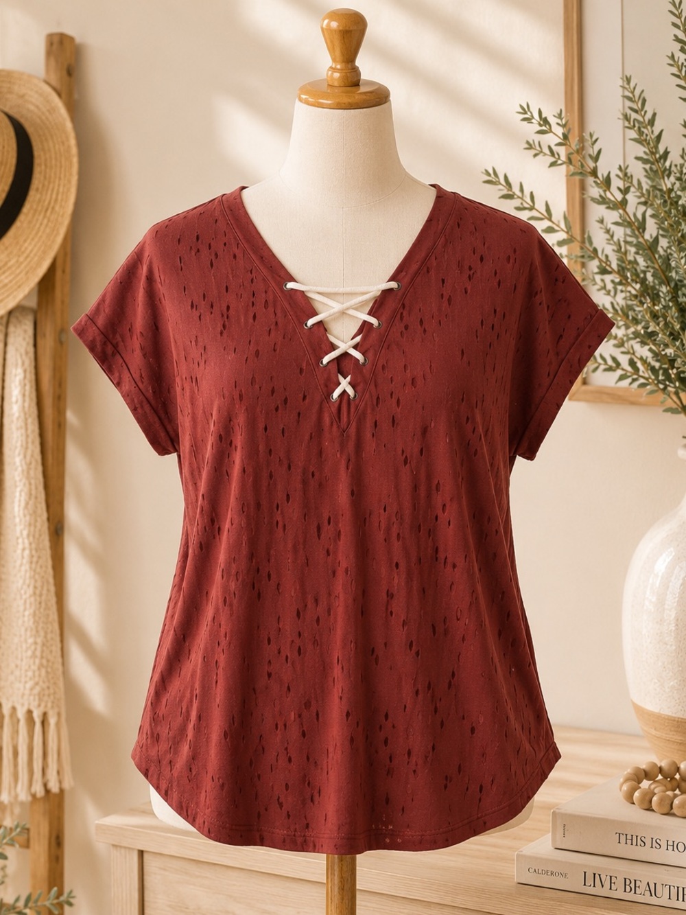 BKE Buckle L Boho Lace Up Top Rust Casual Relaxed Festival Style